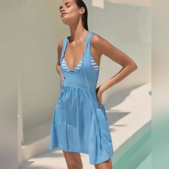 Anthropologie Scoop Neck Tie Back Mini Dress in Blue NWT - Picture 2 of 16